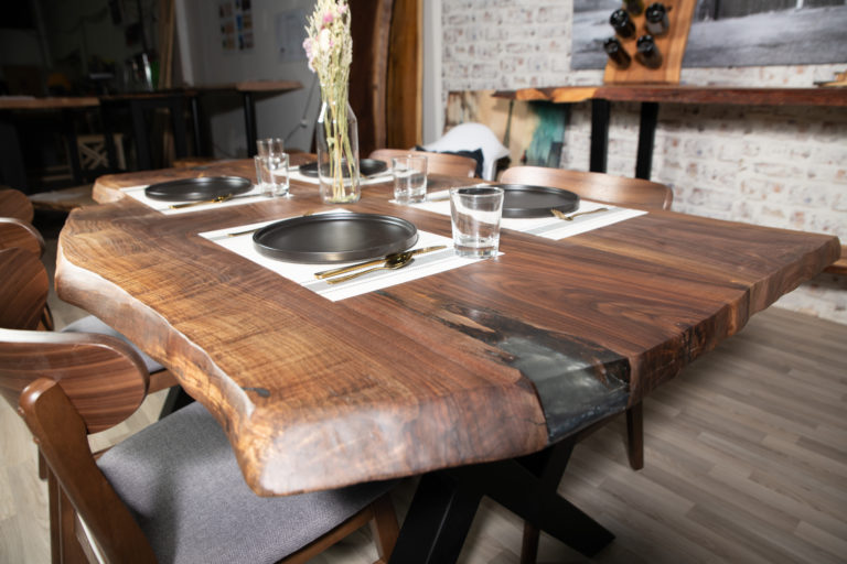 Black walnut table with battleship grey epoxy